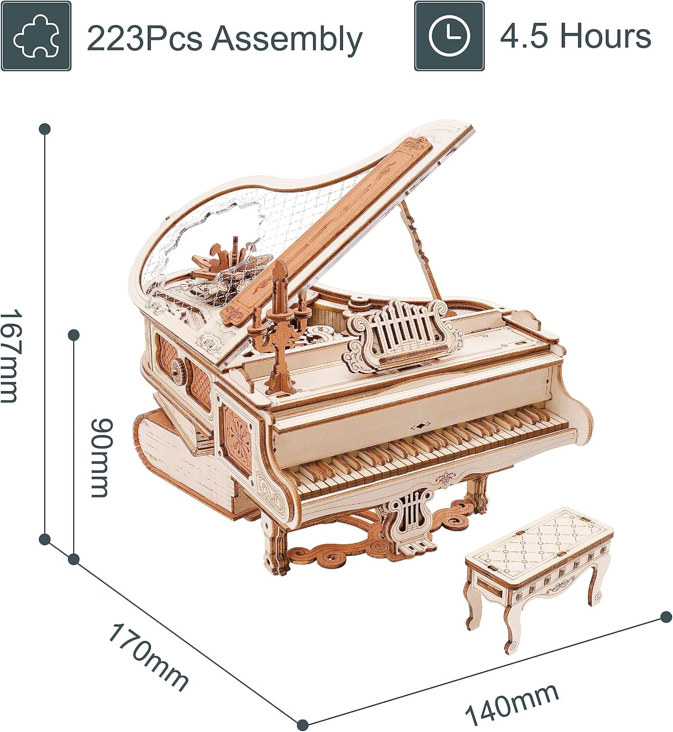 ROBOTIME Puzzle 3D De Madera, Caja De Música Mágica Con Piano, Kits De Maqueta Madera Para Adultos, Construcción De Modelos De Engranajes
