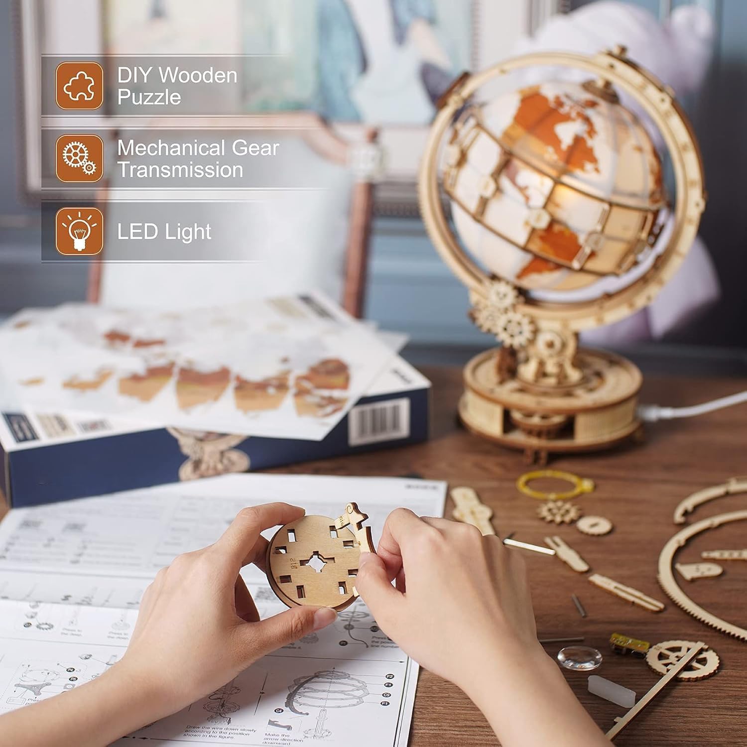 ROBOTIME Puzzle 3D Madera De Globo Luminoso, Maquetas Para Construir Adultos, Mecánica Construcción Manualidades Kits