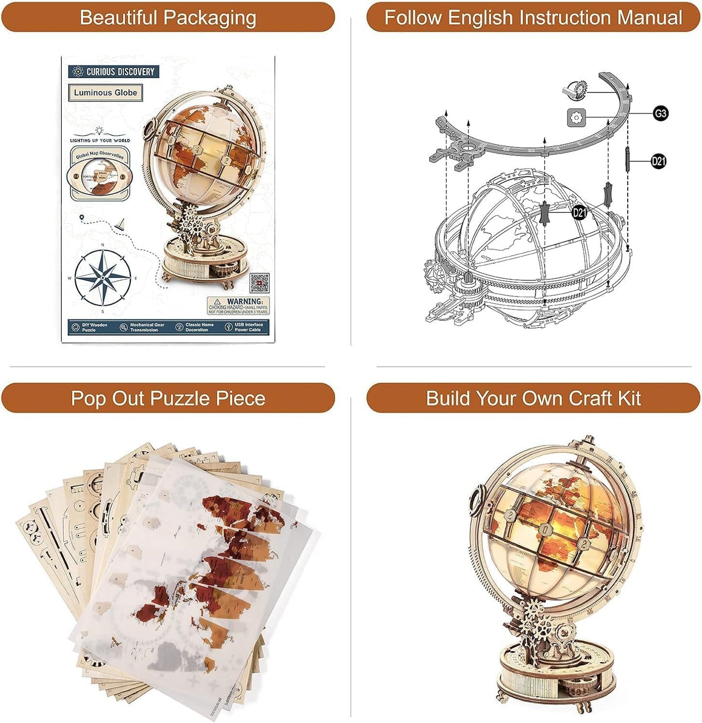 ROBOTIME Puzzle 3D Madera De Globo Luminoso, Maquetas Para Construir Adultos, Mecánica Construcción Manualidades Kits