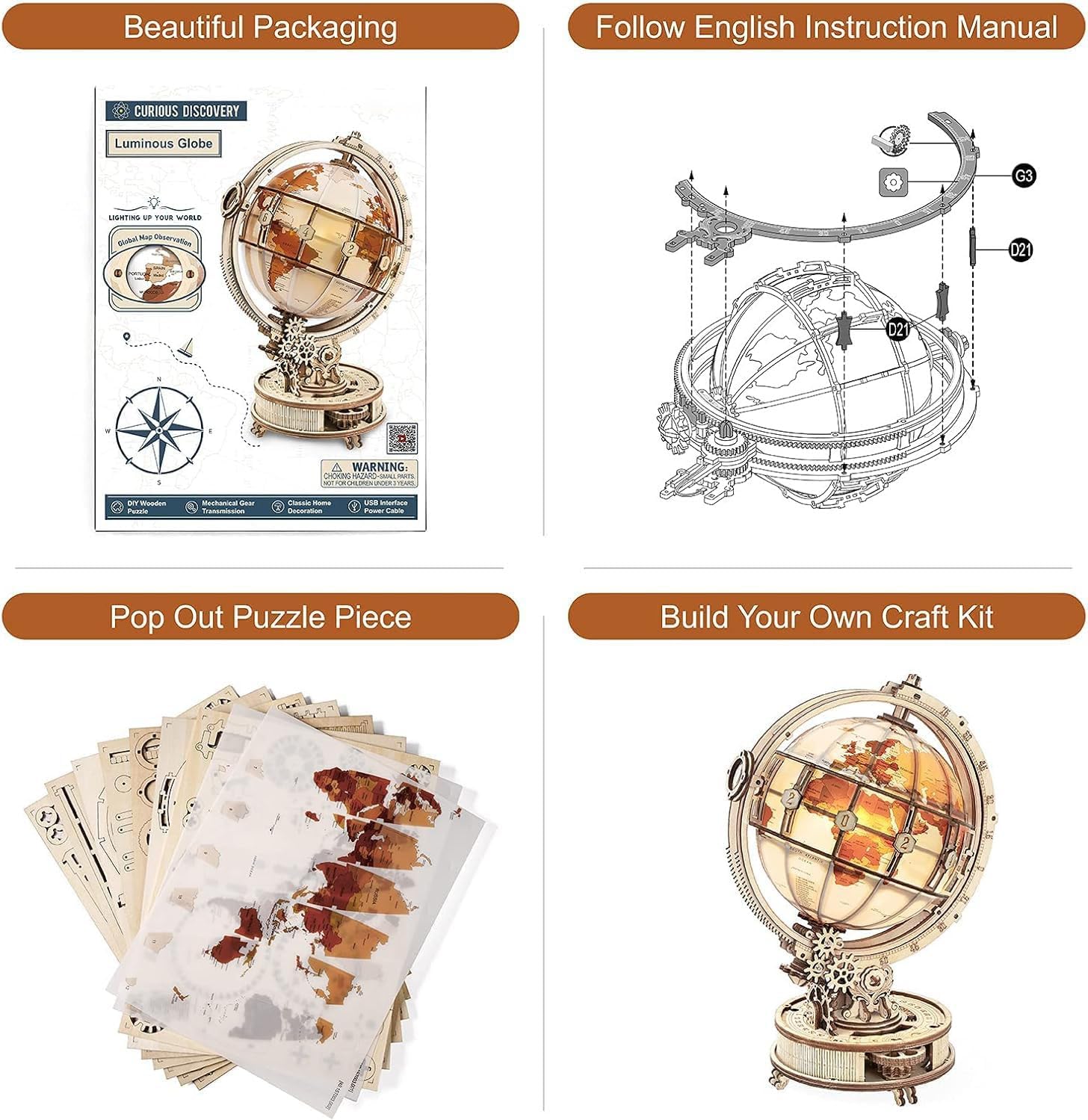 ROBOTIME Puzzle 3D Madera De Globo Luminoso, Maquetas Para Construir Adultos, Mecánica Construcción Manualidades Kits