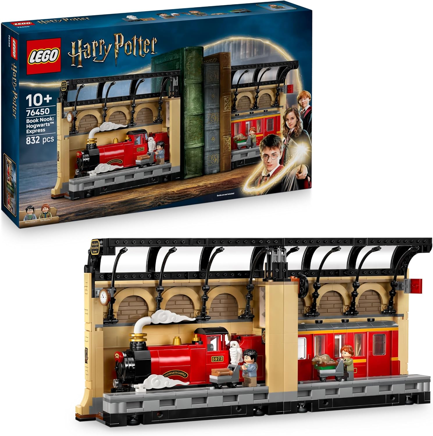 LEGO Harry Potter Rincón Entre Libros: Expreso De Hogwarts - Sujetalibros Con Un Tren De Juguete -2 Minifiguras (Harry Y Ron Weasley) Y Figura De Hedwig - Regalo Para Niñas Y Niños De 10+ Años 76450