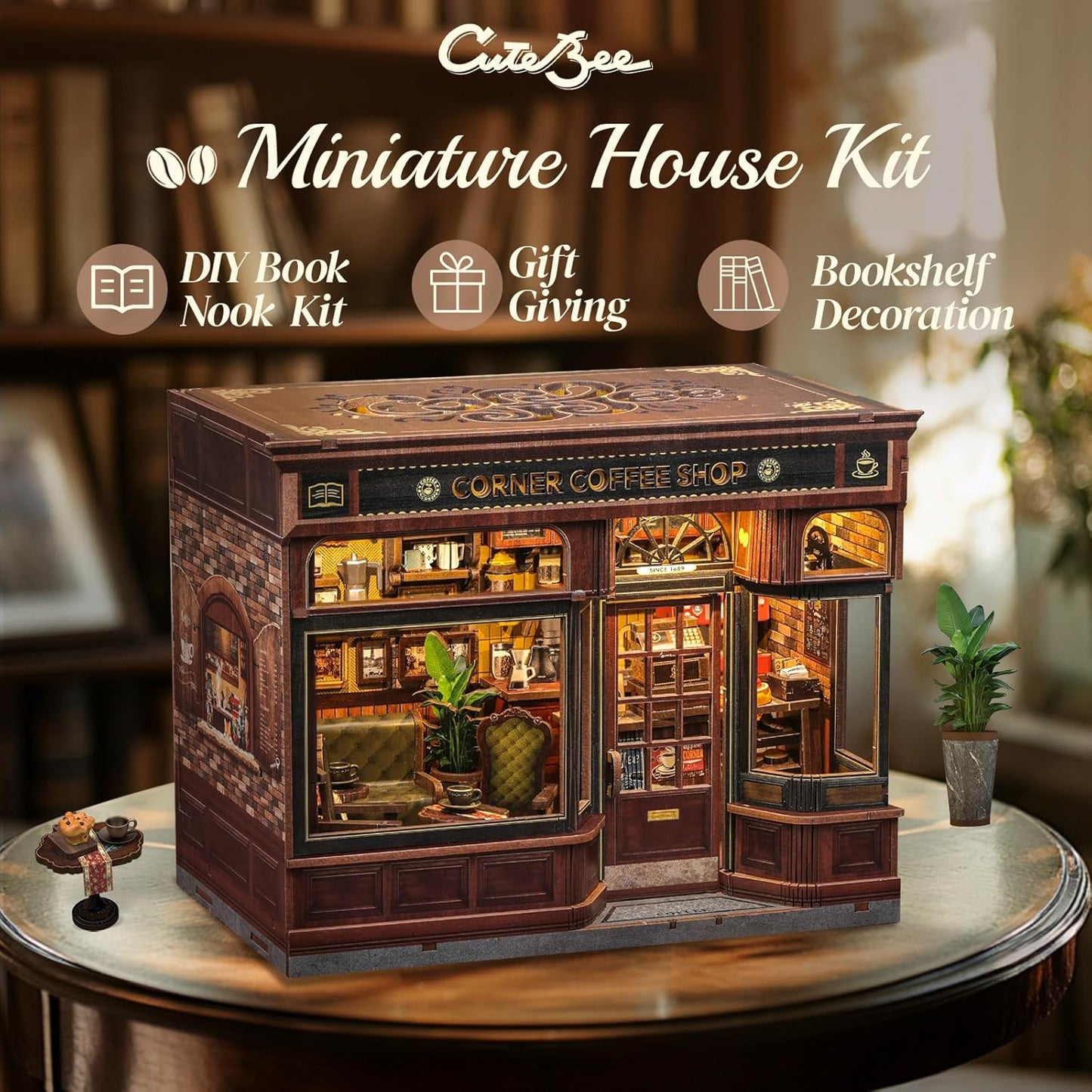CUTEBEE Book Nook Kit - DIY Retro Miniature Madera House Modelbouw, Puzzle 3D Café Casa De Muñecas, Familiares Y Amigos (Corner Coffee Shop)