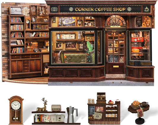 CUTEBEE Book Nook Kit - DIY Retro Miniature Madera House Modelbouw, Puzzle 3D Café Casa De Muñecas, Familiares Y Amigos (Corner Coffee Shop)
