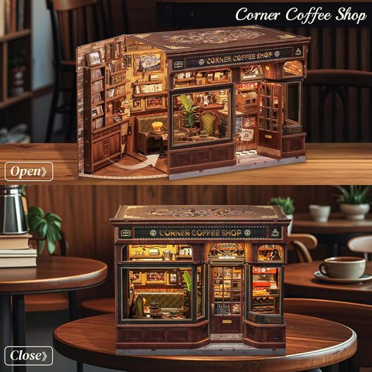 CUTEBEE Book Nook Kit - DIY Retro Miniature Madera House Modelbouw, Puzzle 3D Café Casa De Muñecas, Familiares Y Amigos (Corner Coffee Shop)