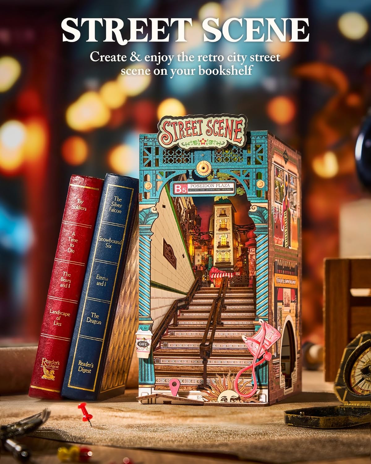 ROBOTIME Book Nook DIY Con Luces LED, Maqueta De Madera En Miniatura Para Estantería, Decoración Creativa, Regalo Original Para Adultos Y Adolescentes – Escena Callejera