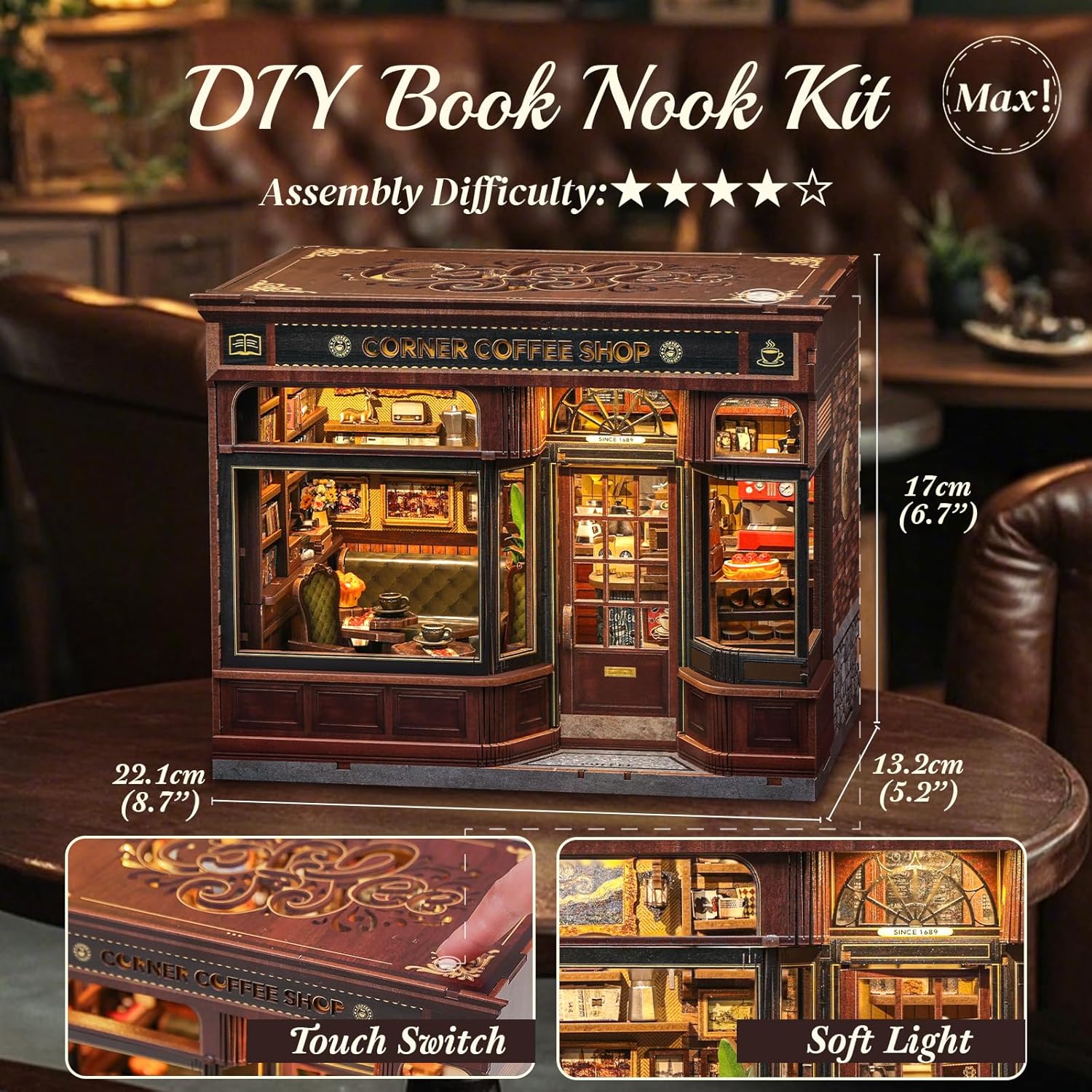 CUTEBEE Book Nook Kit - DIY Retro Miniature Madera House Modelbouw, Puzzle 3D Café Casa De Muñecas, Familiares Y Amigos (Corner Coffee Shop)