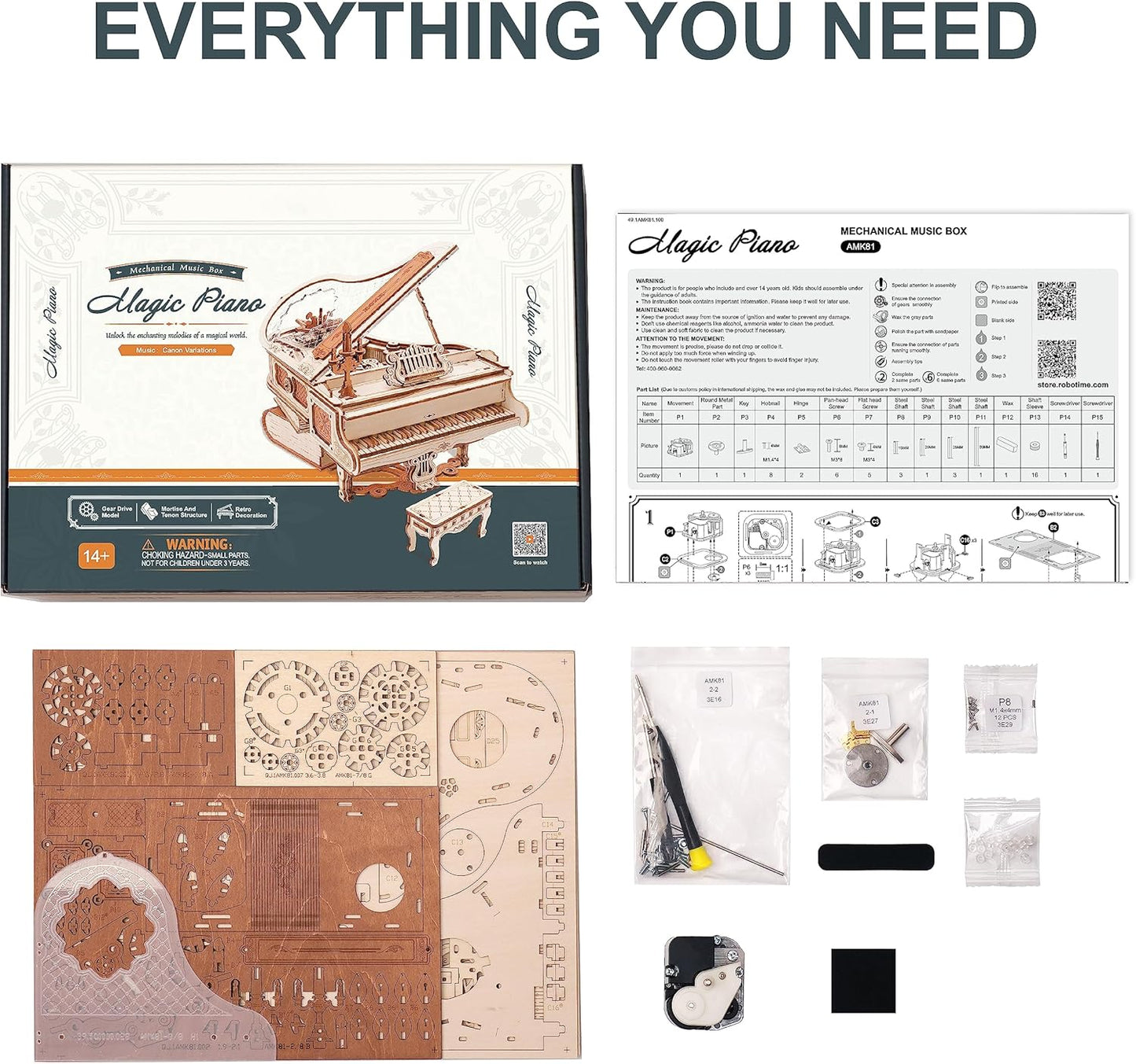 ROBOTIME Puzzle 3D De Madera, Caja De Música Mágica Con Piano, Kits De Maqueta Madera Para Adultos, Construcción De Modelos De Engranajes