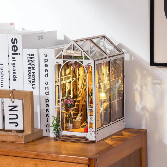 Rolife Gardenhouse Book Nook DIY Dollhouse Bookend Model Kit with LED Light Wooden Puzzle for Bookshelf Decor - TGB06