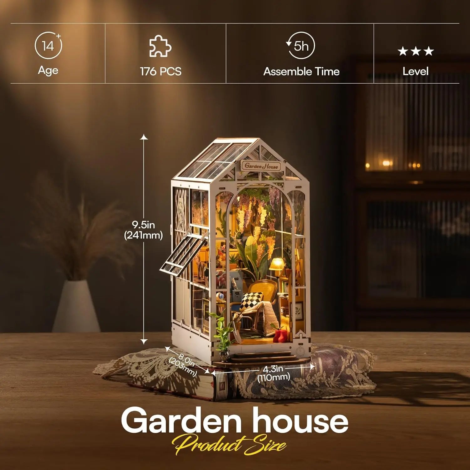 Rolife Gardenhouse Book Nook DIY Dollhouse Bookend Model Kit with LED Light Wooden Puzzle for Bookshelf Decor - TGB06