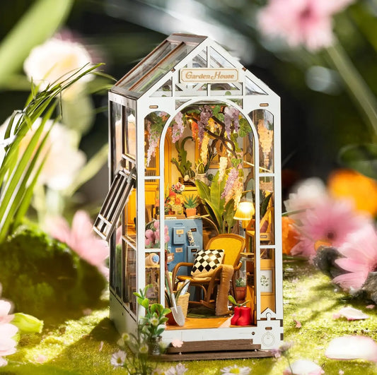 Rolife Gardenhouse Book Nook DIY Dollhouse Bookend Model Kit with LED Light Wooden Puzzle for Bookshelf Decor - TGB06
