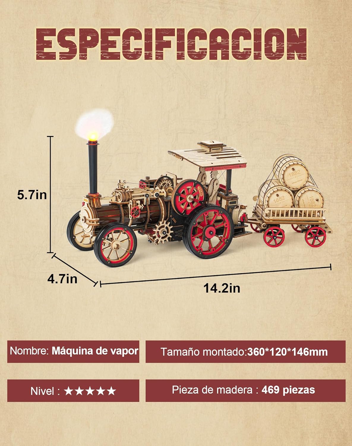ROBOTIME Puzzle 3D Madera Adultos Maquetas Para Construir Rompecabezas Montar Decoración Pasatiempo Regalos De Calidad Para Chicos (Máquina De Vapor)